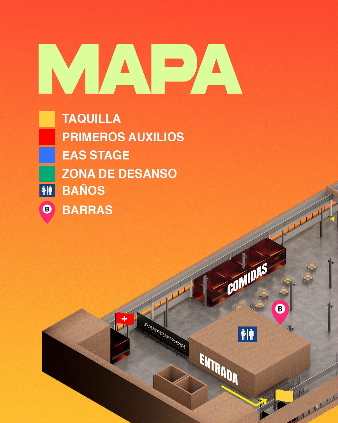 Mapa del venue Sky Center: taquilla, primeros auxilios, EAS stage, zona de descanso, ba&ntilde;os, barras, comidas y entrada