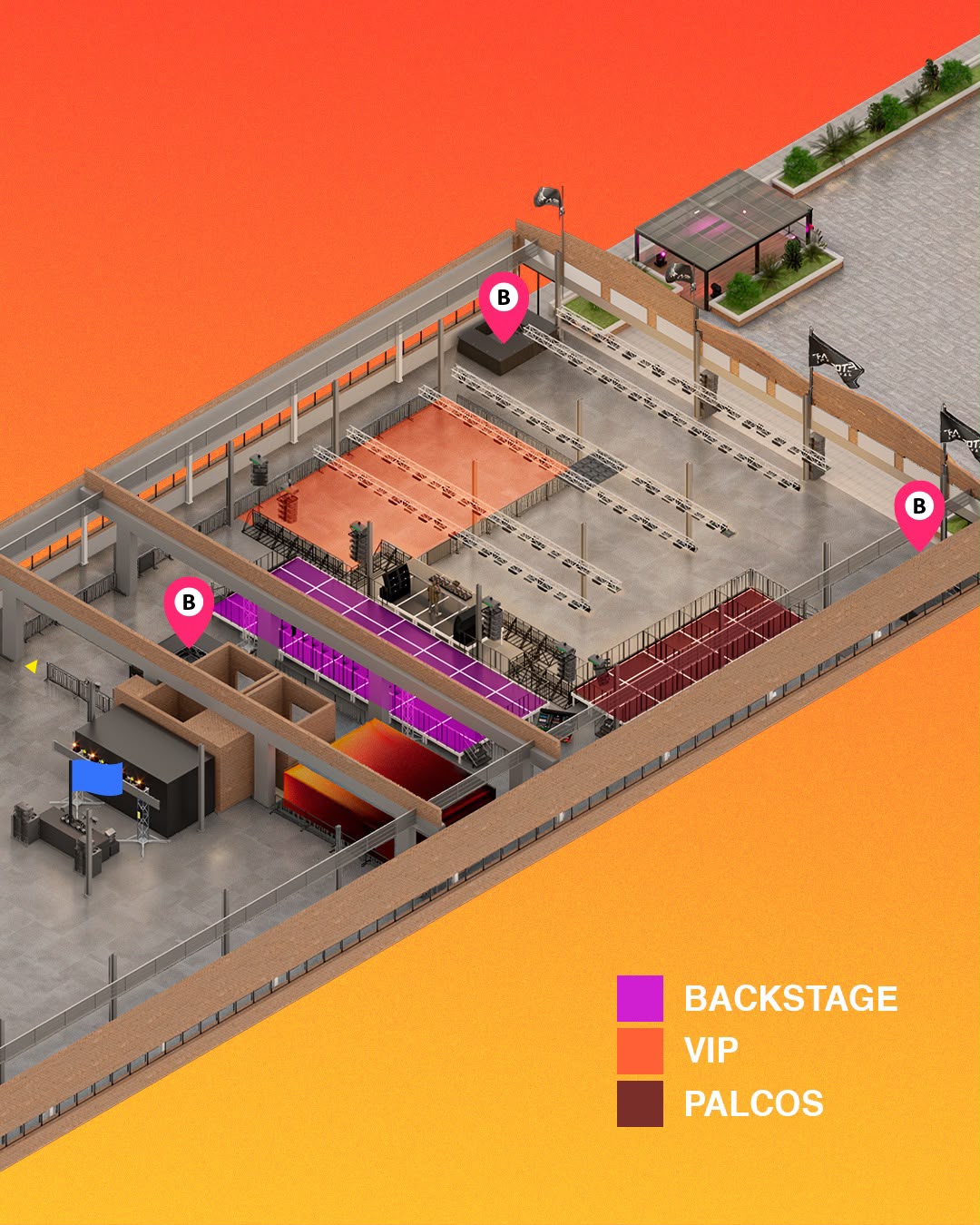 Vista a&eacute;rea del venue con zonas Backstage, VIP y Palcos se&ntilde;aladas
